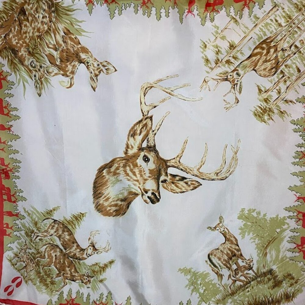 Vintage 1960s Woodland Deer Wildlife Nature Scene Square Scarf